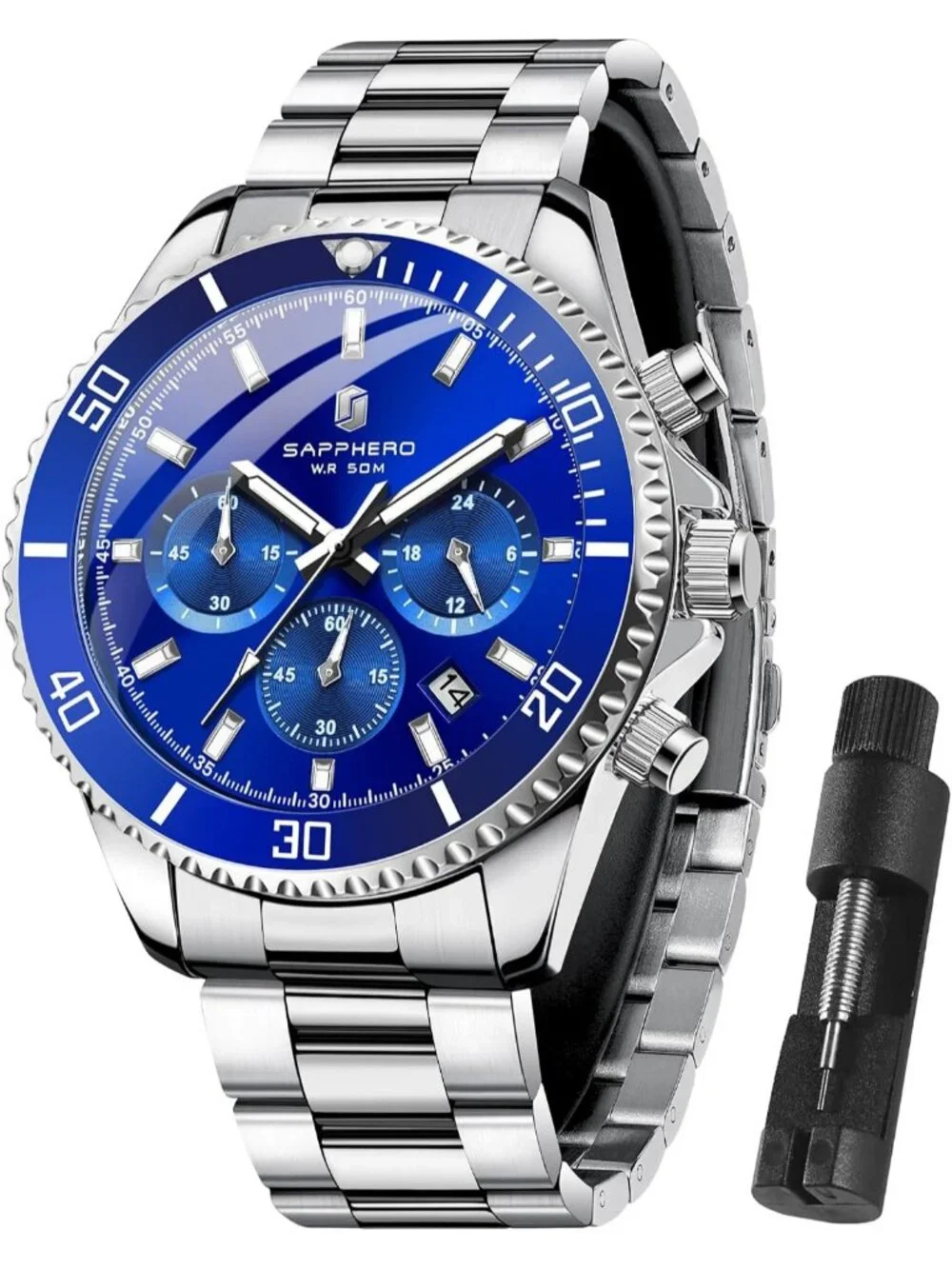 Men's Silver Strap/ Blue face Chronograph Stainless Steel Quartz Wrist Watch